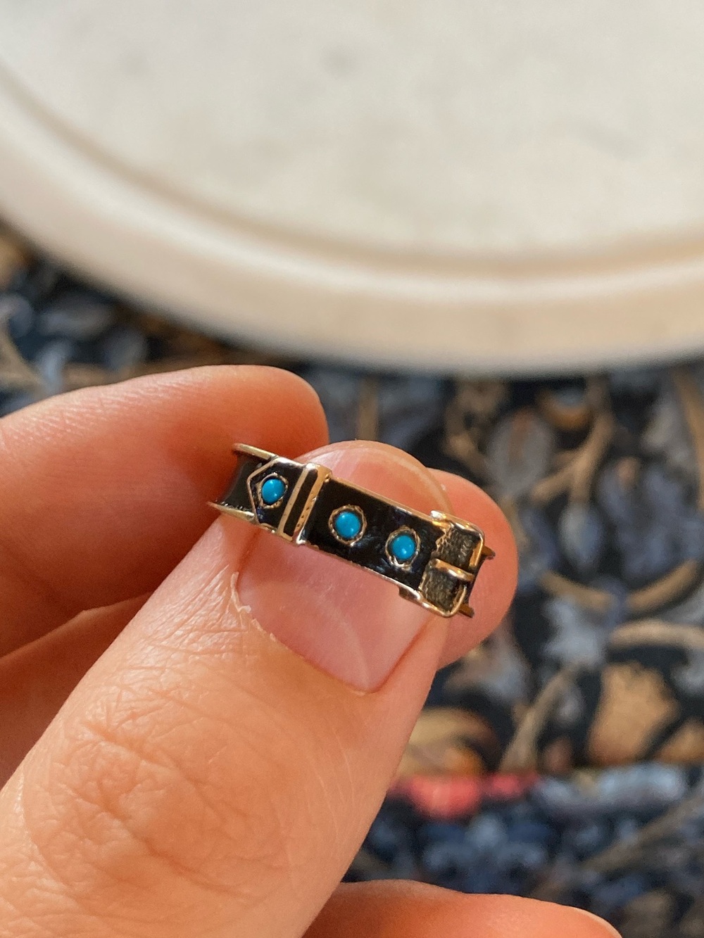 Antique Victorian 9K Mourning Black Enamel Turquoise Buckle Ring Inscribed 1875